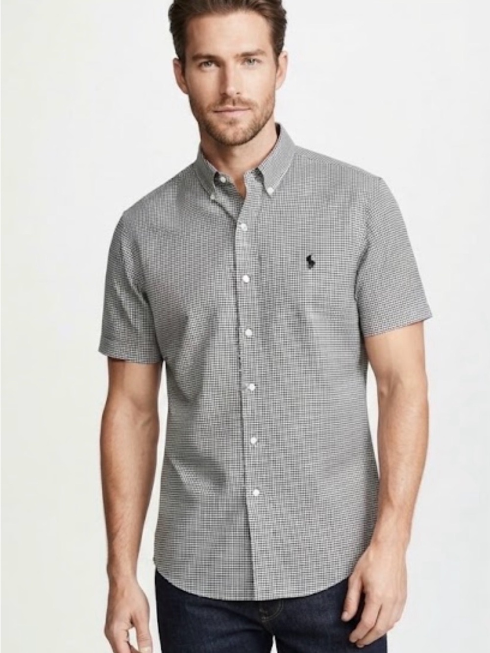 Men's Short-Sleeve Button-Down Shirt - Black Microcheck